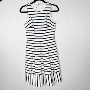 Eliza J 2 Navy Blue White Striped Fit and Flare Dress Pleated Keyhole Pockets